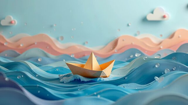  Paper boat floating on a calm blue sea with gentle waves and fluffy clouds in the background creating a peaceful and inviting maritime scene