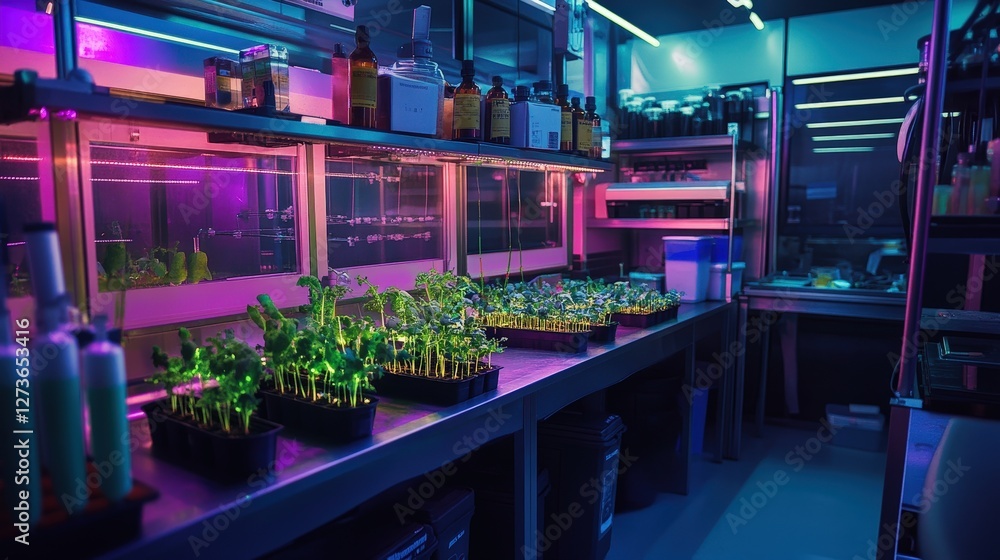 Poster a bioengineering lab where scientists are using crispr technology to modify plant dna, creating crop