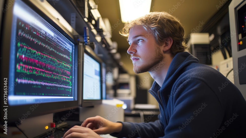 Poster a bioinformatics researcher using supercomputers to decode dna sequences and predict genetic traits