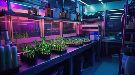 A bioengineering lab where scientists are using CRISPR technology to modify plant DNA, creating crops that glow in the dark.