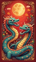 Obraz premium Vibrant illustration of a two-headed dragon set against a full moon, embodying strength and tradition. Perfect for celebrating cultural themes in design projects.