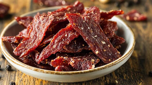 Beef jerky served in a rustic bowl with spices arranged on a wooden table