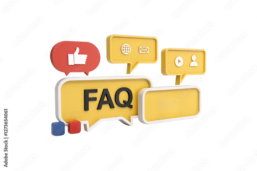 Poster a bold faq speech bubble in yellow, surrounded by social media icons and message bubbles, representi