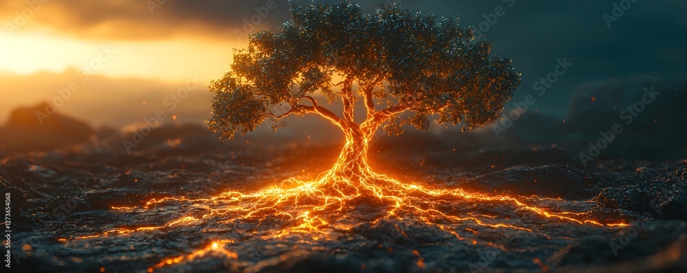 Poster symbolic glowing tree representing business merger concept with unified trunk and branching roots