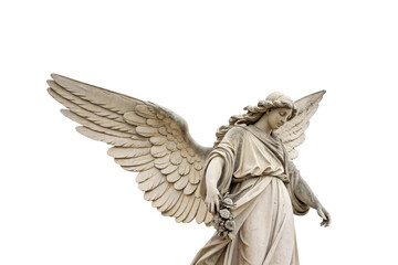 Fototapeta premium A beautifully detailed stone angel with flowing robes and expansive, intricately carved wings, gazing downward while holding a bouquet, isolated on a transparent background
