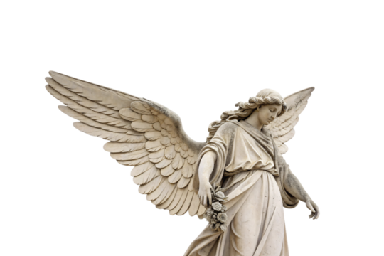 A beautifully detailed stone angel with flowing robes and expansive, intricately carved wings, gazing downward while holding a bouquet, isolated on a transparent background