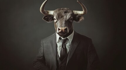 Bull With A Human Body Wearing A Suit, Symbol Of Financial Strength, Growth, And The Rising Market Trends.