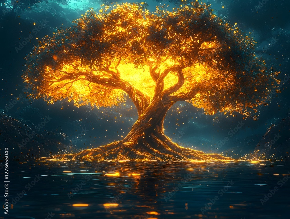 Poster symbolic glowing tree of life representing unity and growth post merger