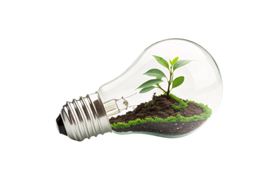 A light bulb-shaped terrarium with fresh soil, moss, and a thriving green plant, embodying the fusion of sustainability and creativity, isolated on a transparent background - Powered by Adobe