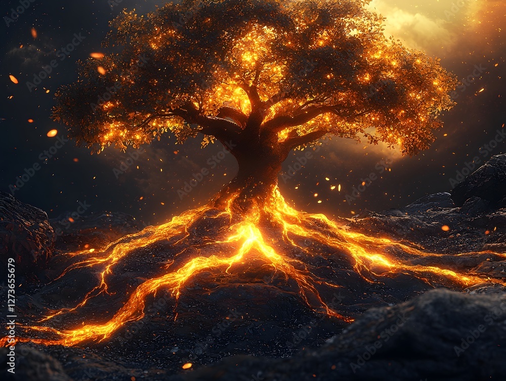 Poster symbolic glowing tree of life representing unity and growth post merger business concept