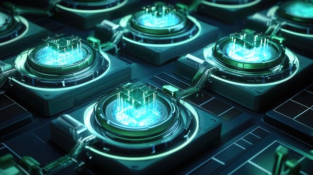 Futuristic energy facility with glowing fusion reactors and advanced solar panels, depicting renewable energy innovation.
