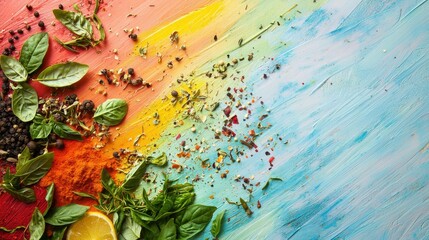 Collection of seasonings and herbs scattered in stripes in colors. Colorful spices as background.