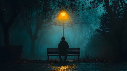A Solitary Figure Sitting on a Glowing Bench Under a Dim Streetlight Embodying Disheartened Solitude