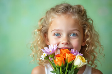 Fototapeta premium Curly blonde girl with a bouquet of flowers, on green background. Child smelling flowers.