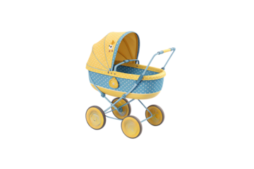 A playful baby carriage in blue and yellow with white polka dots. A cute chick motif decorates the hood, and rounded wheels complete the retro look, isolated on a transparent background