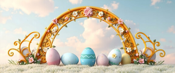 Easter poster and banner template with Easter eggs in the sky background.Greetings and presents for Easter Day .Promotion and shopping template for Easte Copy Space.