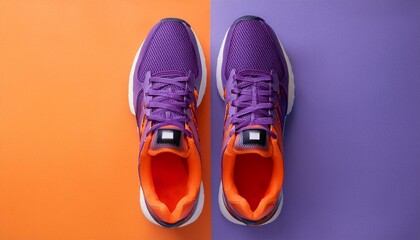 a top view of purple and orange trainers sneakers isolated on a flat background