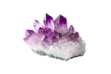A radiant amethyst cluster with delicate violet tones, jagged edges, and shimmering transparency, resting on a contrasting rough, earthy stone base, isolated on a transparent background