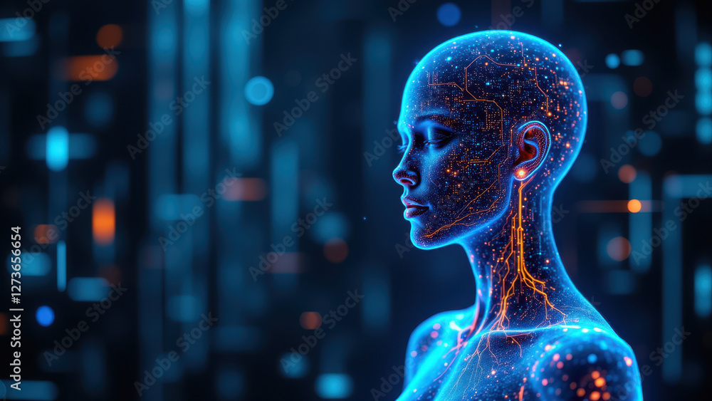Poster a realistic humanoid figure with glowing blue circuit-like patterns overlaying its face and torso, s