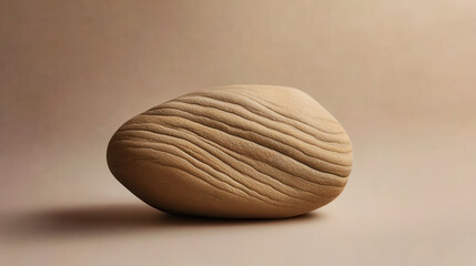 An irregular stone with visible striations and layers of sediment, set against a smooth, solid taupe background