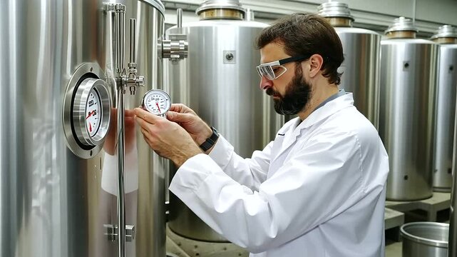 Brewing Process with Thermometer Monitoring Beer Temperature