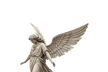A solemn stone angel with magnificent outstretched wings, draped in flowing fabric, exuding divine protection and serenity through its delicate sculptural details, isolated on a transparent background