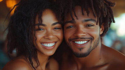 Two smiling individuals stand closely together, radiating joy. Their vibrant expressions reflect the warmth of a sunny summer day, capturing a moment of connection and happiness