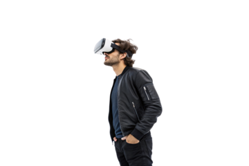 A stylish man in a black leather jacket wears a VR headset, immersed in a digital world, exploring virtual reality with curiosity and engagement, isolated on a transparent background