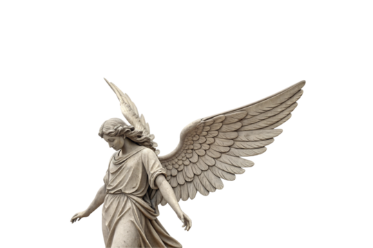 A solemn stone angel with magnificent outstretched wings, draped in flowing fabric, exuding divine protection and serenity through its delicate sculptural details, isolated on a transparent background