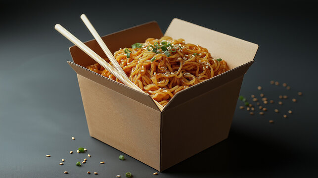 Warm, flavorful noodles are served in a classic takeout box, inviting an evening filled with cozy conversations and delectable tastes, perfect for sharing with friends