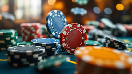 Brightly colored poker chips are scattered across a gaming table, reflecting the excitement of a lively casino environment filled with energy and anticipation, deep into the night