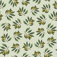 Watercolor olive branches seamless pattern For wallpaper, olive oil wrapping paper Floral print Botanical decoration Green background Italian design Organic Natural plant