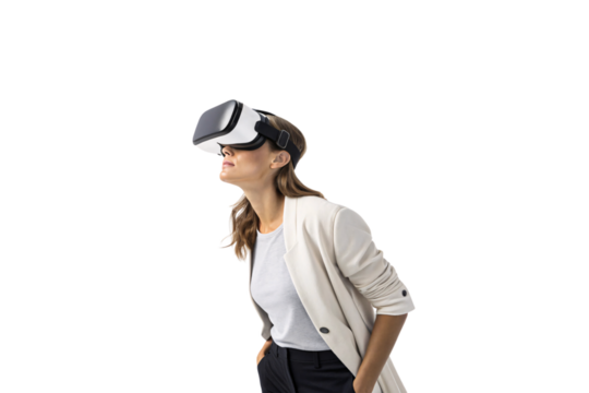 A stylish woman in a white blazer leans forward wearing a VR headset, immersed in a virtual experience with curiosity and focus, isolated on a transparent background