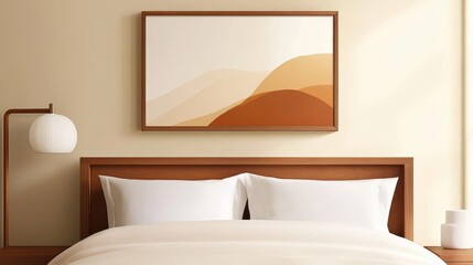Serene bedroom interior featuring a minimalist design with warm tones and abstract art