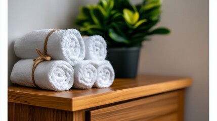 Spa Day Relaxation: Rolled Towels on Wooden Surface