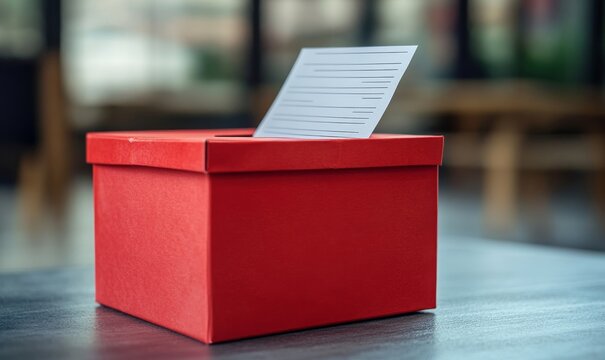 Red feedback box with paper feedback forms inside highlighting the importance of customer opinions, suggestions, and evaluations for service