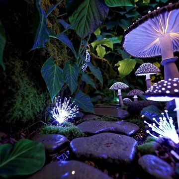 A low angle cinematic shot tracking along a winding path in an enchanting fairy garden, surrounded by bioluminescent flowers, towering mushrooms, and shimmering, dewdrop covered leaves.

