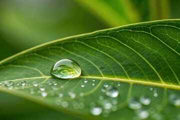 A Stunning Raindrop Glides Gracefully Down a Green Leaf Under Soft Morning Light
