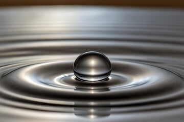 A Captivating Water Droplet Pulsates Above a Shimmering Metal Surface, Perfectly Balanced