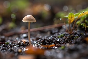 Delicate Mushroom Rising: A Marvel of Nature in the Damp Understory of the Forest Floor