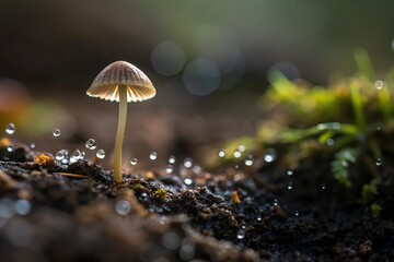 A delicate mushroom rises from rich soil, surrounded by shimmering droplets and lush greenery.