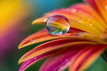 Captivating Raindrop Reflecting a Multicolor Flower Petal in Stunning Macro Detail