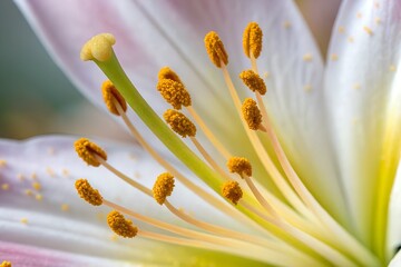 A close view of vibrant lily pollen grains showcasing nature's intricate beauty and detail.