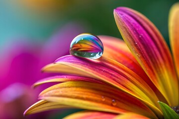 A Raindrop's Vibrant Reflection On Colorful Petals Capturing Nature's Beauty Up Close