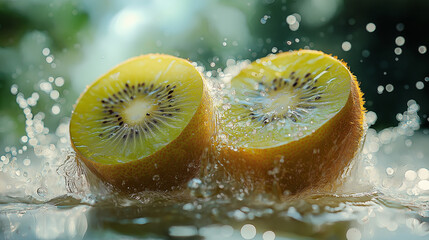 Bright yellow kiwifruit halves plunge into sparkling water, sending droplets flying. The sunny atmosphere enhances the freshness, highlighting the fruit's juicy appeal