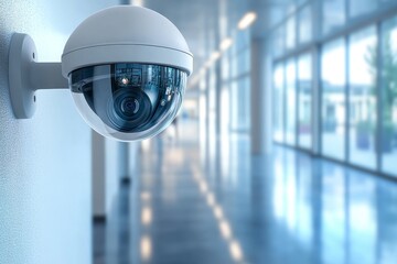 Surveillance camera captures activity in modern hallway during daylight hours