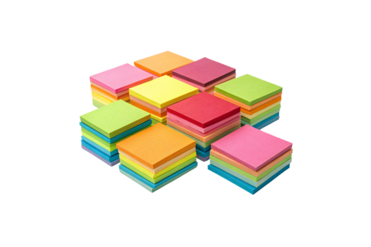 Stacks of colorful sticky notes in pink, yellow, green, orange, and blue, neatly arranged in an orderly pattern, ready for reminders, organization, isolated on a transparent background