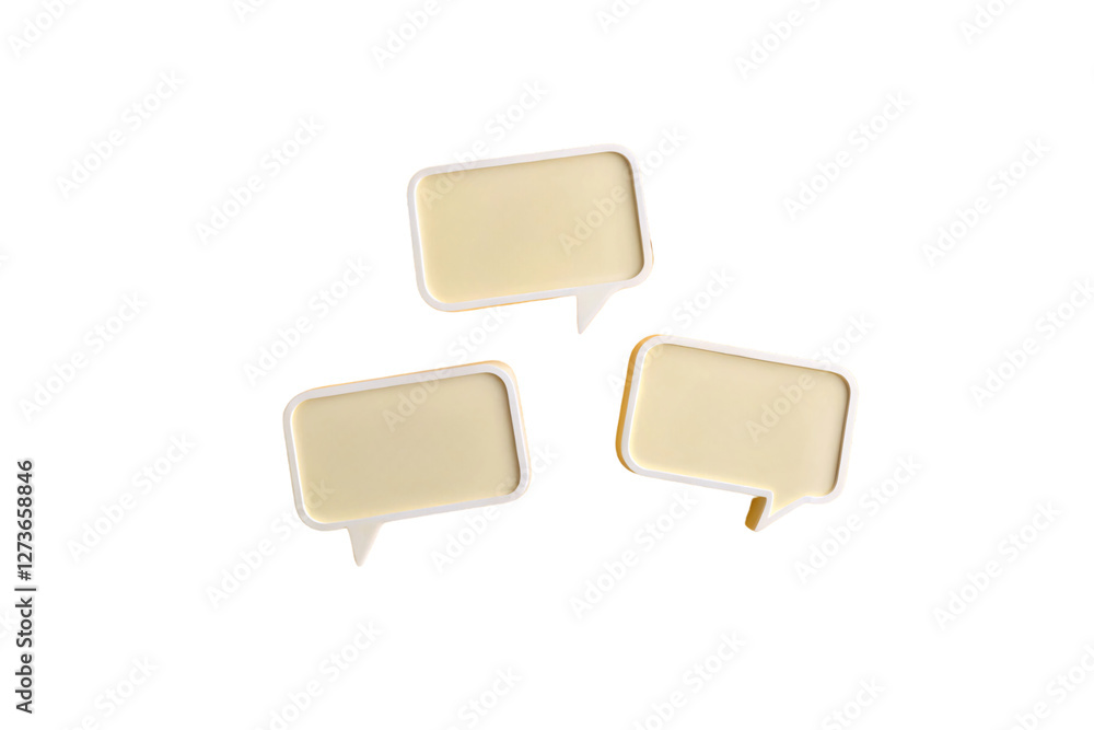 Poster three beige speech bubbles with golden edges float on a white background. they symbolize conversatio