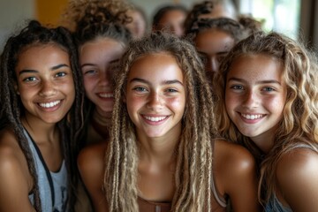 Obraz premium Group portrait of happy diverse school friends. embracing and posing in classroom, looking at the camera and smiling
