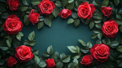 Obraz premium Red roses bloom in full splendor, surrounded by rich green leaves, creating a romantic and enchanting backdrop perfect for celebrations or heartfelt expressions of love